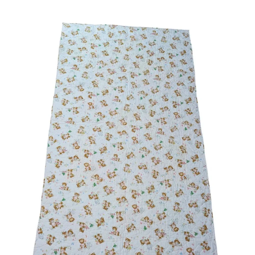 Vintage Hand Stitched Baby Crib Quilt Color Block Bears Gender Neutral 37x61